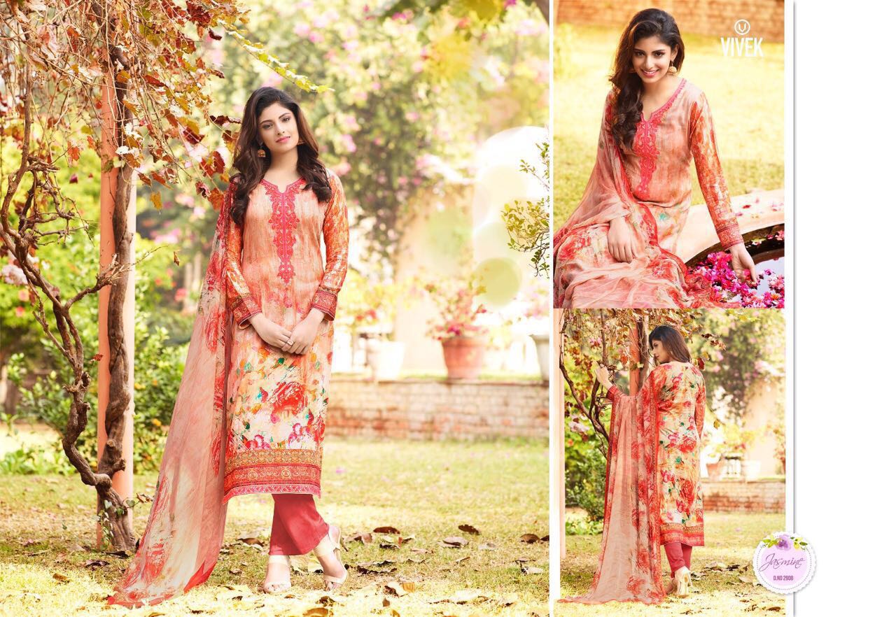 Vivek 2901 To 2909 Series By Vivek Fashion Bollywood Beautiful Stylish Designer Floral Digital Printed & Embroidered Party Wear Cotton Satin Dresses At Wholesale Price