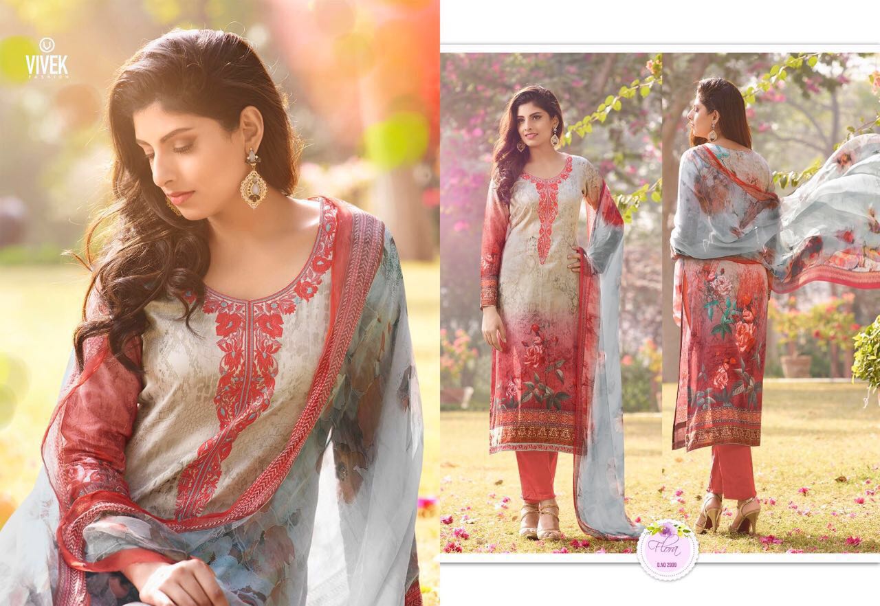 Vivek 2901 To 2909 Series By Vivek Fashion Bollywood Beautiful Stylish Designer Floral Digital Printed & Embroidered Party Wear Cotton Satin Dresses At Wholesale Price