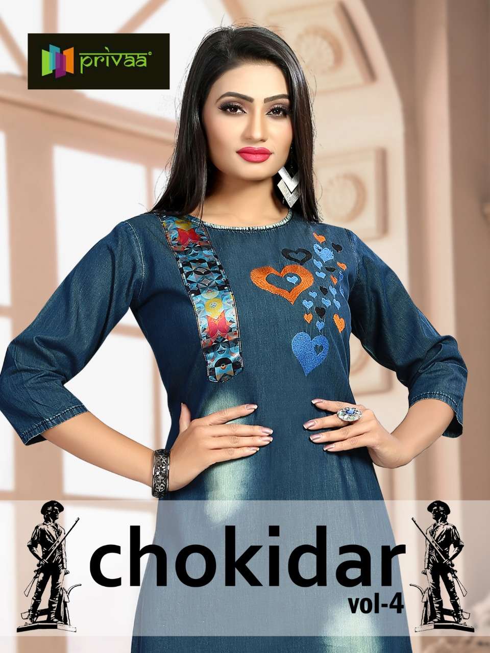 CHOKIDAR VOL-4 BY PRIVAA 4001 TO 4006 SERIES INDIAN TRADITIONAL WEAR COLLECTION BEAUTIFUL STYLISH FANCY COLORFUL PARTY WEAR & OCCASIONAL WEAR DENIM KURTI WITH EMBROIDERY KURTIS AT WHOLESALE PRICE