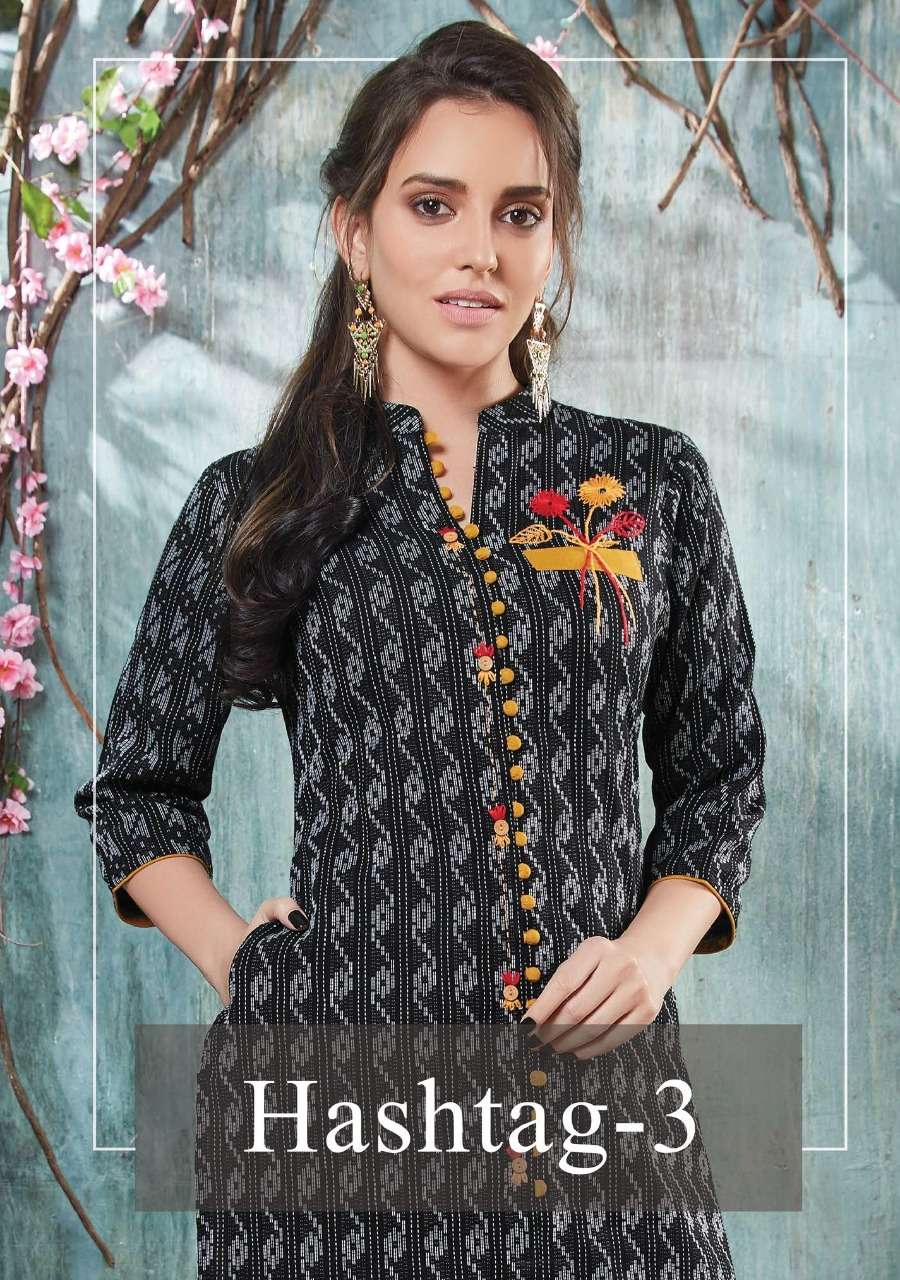 HASHTAG VOL-3 BY FEMINITSA 5021 TO 5027 SERIES BEAUTIFUL STYLISH FANCY COLORFUL CASUAL WEAR & ETHNIC WEAR & READY TO WEAR RAYON/IKKAT/COTTON FLEX/CAMBRIC KURTIS WITH BOTTOM AT WHOLESALE PRICE