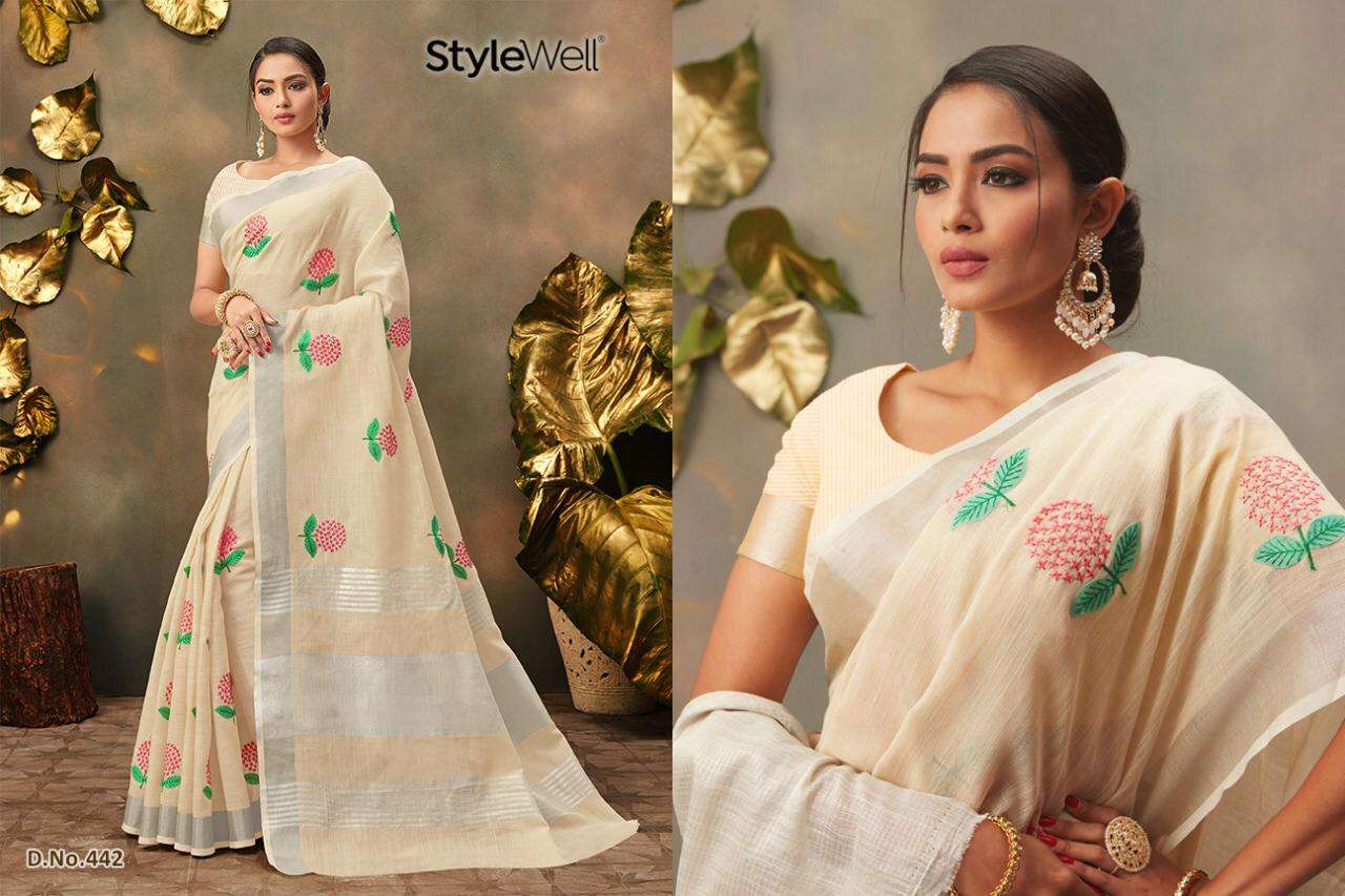 KAVYA BY STYLEWELL 441 TO 447 SERIES INDIAN TRADITIONAL WEAR COLLECTION BEAUTIFUL STYLISH FANCY COLORFUL PARTY WEAR & OCCASIONAL WEAR DYED WITH EMBROIDERY SAREES AT WHOLESALE PRICE