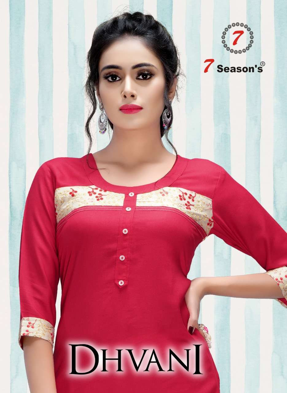 DHVANI BY 7 SEASONS 1001 TO 1007 SERIES BEAUTIFUL STYLISH COLORFUL FANCY PARTY WEAR & ETHNIC WEAR & READY TO WEAR RAYON WORKED KURTIS WITH BOTTOM AT WHOLESALE PRICE