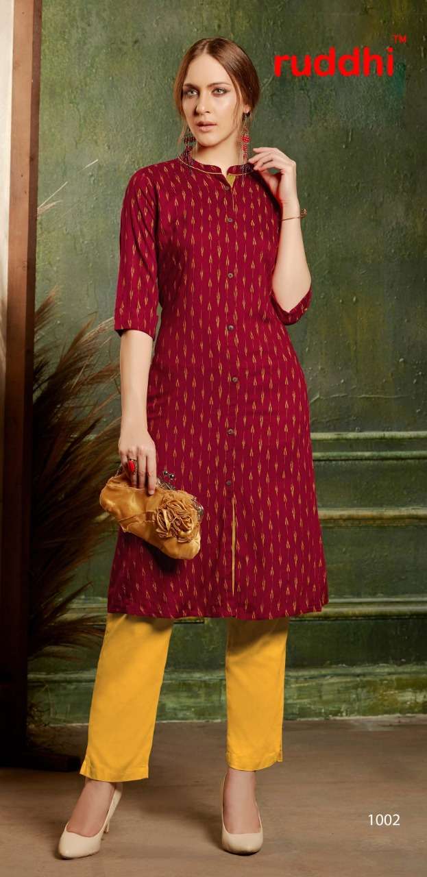 IKKAT 1001 SERIES BY RUDDHI DRESSLINE 1001 TO 1006 SERIES STYLISH FANCY BEAUTIFUL COLORFUL CASUAL WEAR & ETHNIC WEAR RAYON PRINTED KURTIS AT WHOLESALE PRICE
