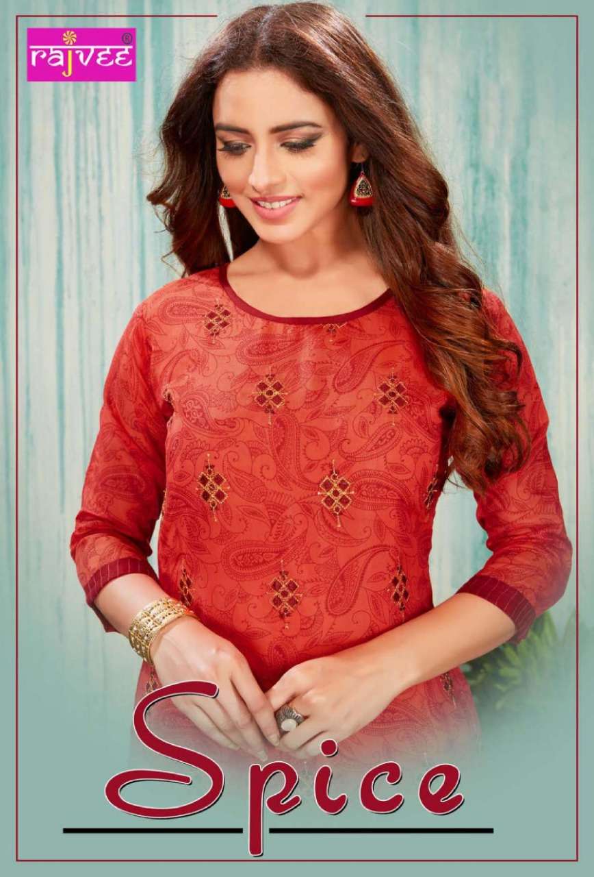 SPICE BY RAJVEE 8601 TO 8608 SERIES STYLISH FANCY BEAUTIFUL COLORFUL CASUAL WEAR & ETHNIC WEAR CHANDERI  PRINTED SILK KURTIS AT WHOLESALE PRICE