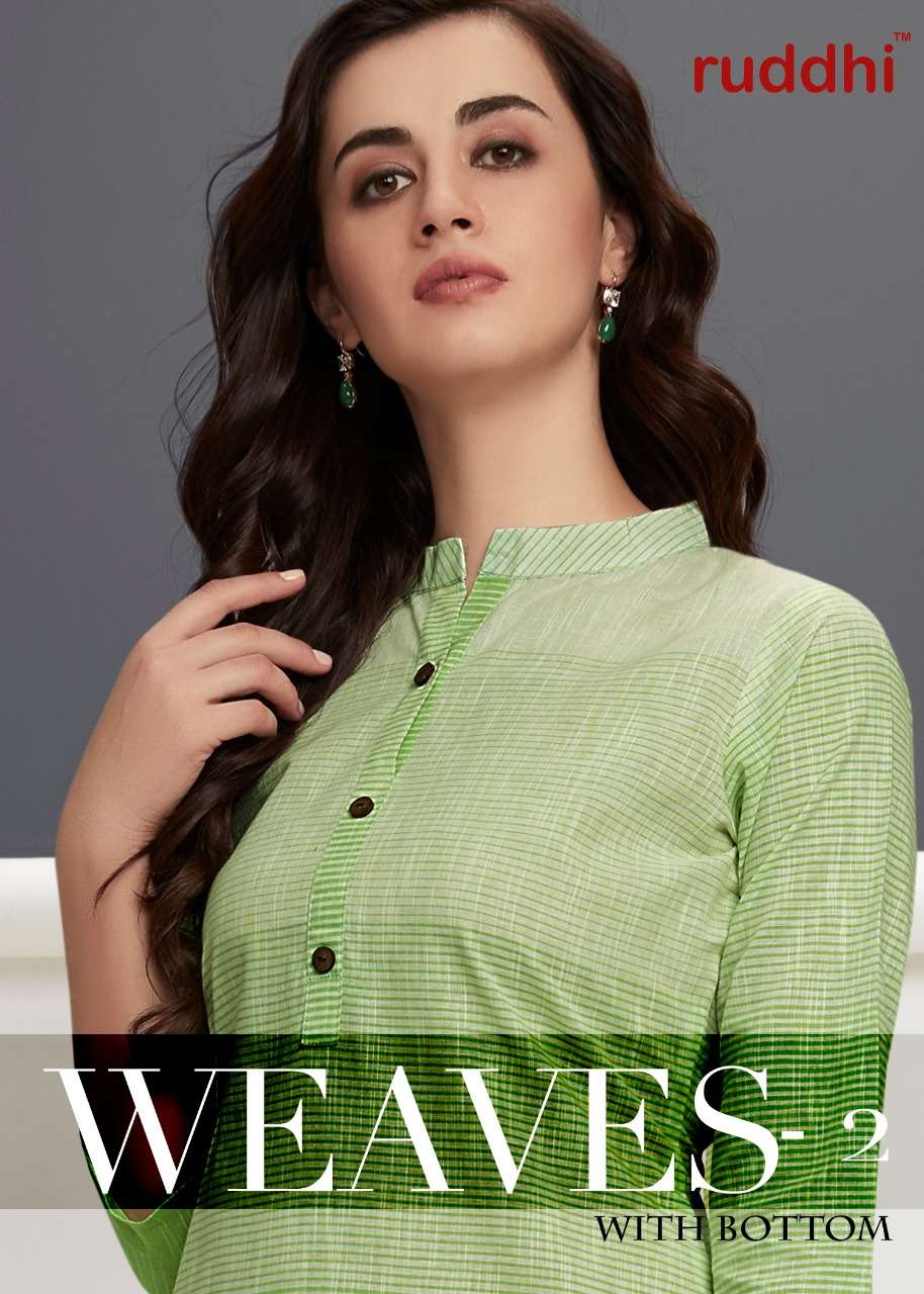 WEAVES VOL-2 BY RUDDHI DRESSLINE 01 TO 08 SERIES STYLISH FANCY COLORFUL COLLECTION CASUAL WEAR & ETHNIC WEAR PURE HANDLOOM COTTON PRINTED KURTIS WITH BOTTOM AT WHOLESALE PRICE