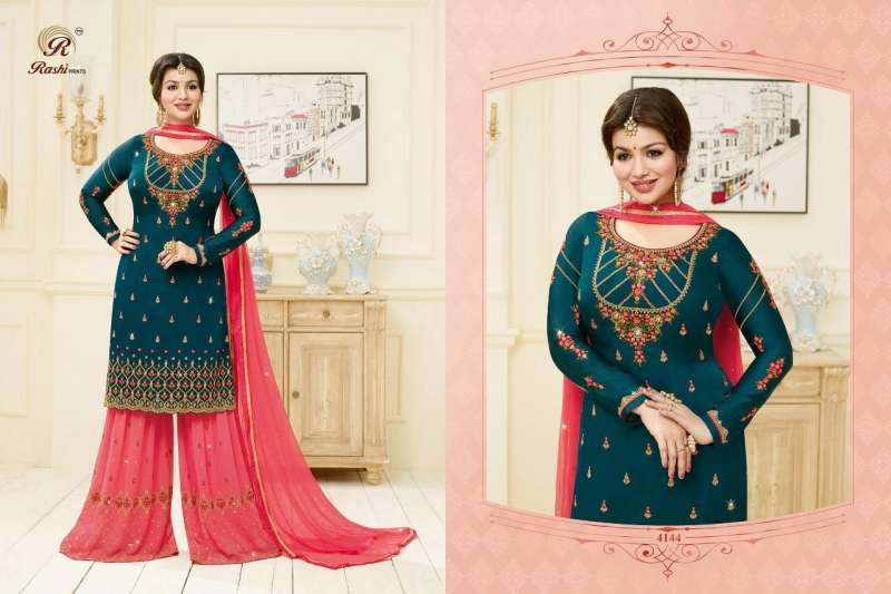 HADIPA SARARA VOL-4 BY RASHI PRINTS 4141 TO 4146 SERIES DESIGNER FESTIVE SHARARA SUITS COLLECTION BEAUTIFUL STYLISH FANCY COLORFUL PARTY WEAR & OCCASIONAL WEAR SATIN GEORGETTE DRESSES AT WHOLESALE PRICE