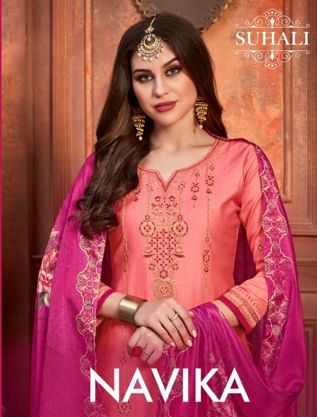 NAVIKA BY SUHALI 41 TO 44 SERIES BEAUTIFUL STYLISH SHARARA SUITS FANCY COLORFUL CASUAL WEAR & ETHNIC WEAR & READY TO WEAR JAM SATIN EMBROIDERY DRESSES AT WHOLESALE PRICE