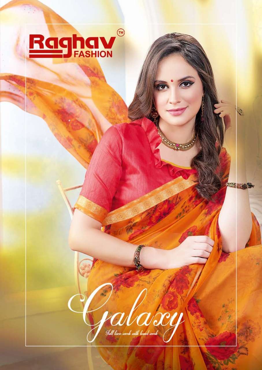 GALAXY BY RAGHAV FASHION 1301 TO 1308 SERIES INDIAN TRADITIONAL WEAR COLLECTION BEAUTIFUL STYLISH FANCY COLORFUL PARTY WEAR & OCCASIONAL WEAR GEORGETTE PRINTED SAREES AT WHOLESALE PRICE