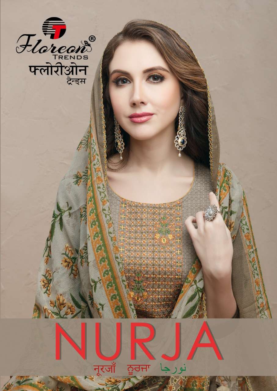 NURJA BY FLOREON TRENDZ 1001 TO 1010 SERIES DESIGNER SUITS BEAUTIFUL FANCY COLORFUL STYLISH PARTY WEAR & OCCASIONAL WEAR HEAVY JAM SATIN WITH EMBROIDERY DRESSES AT WHOLESALE PRICE