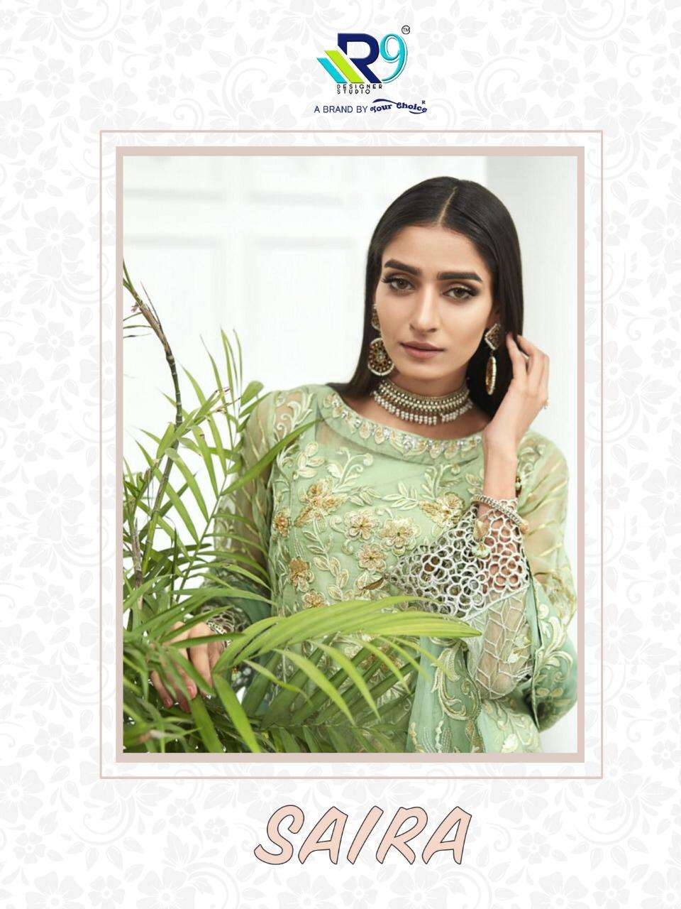 SAIRA BY R9 2104 TO 2111 DESIGNER FESTIVE SUITS COLLECTION BEAUTIFUL STYLISH FANCY COLORFUL PARTY WEAR & OCCASIONAL WEAR FAUX GEORGETTE WITH EMBROIDERED DRESSES AT WHOLESALE PRICE