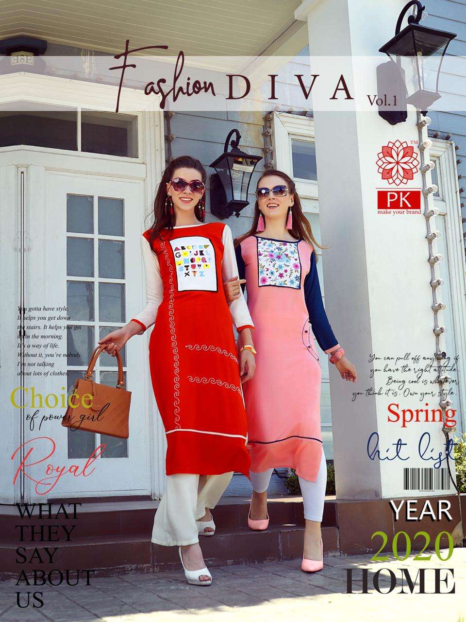 FASHION DIVA VOL-1 BY PK 1001 TO 1007 SERIES BEAUTIFUL COLORFUL STYLISH FANCY CASUAL WEAR & ETHNIC WEAR & READY TO WEAR HEAVY RAYON DIGITAL PRINT KURTIS AT WHOLESALE PRICE