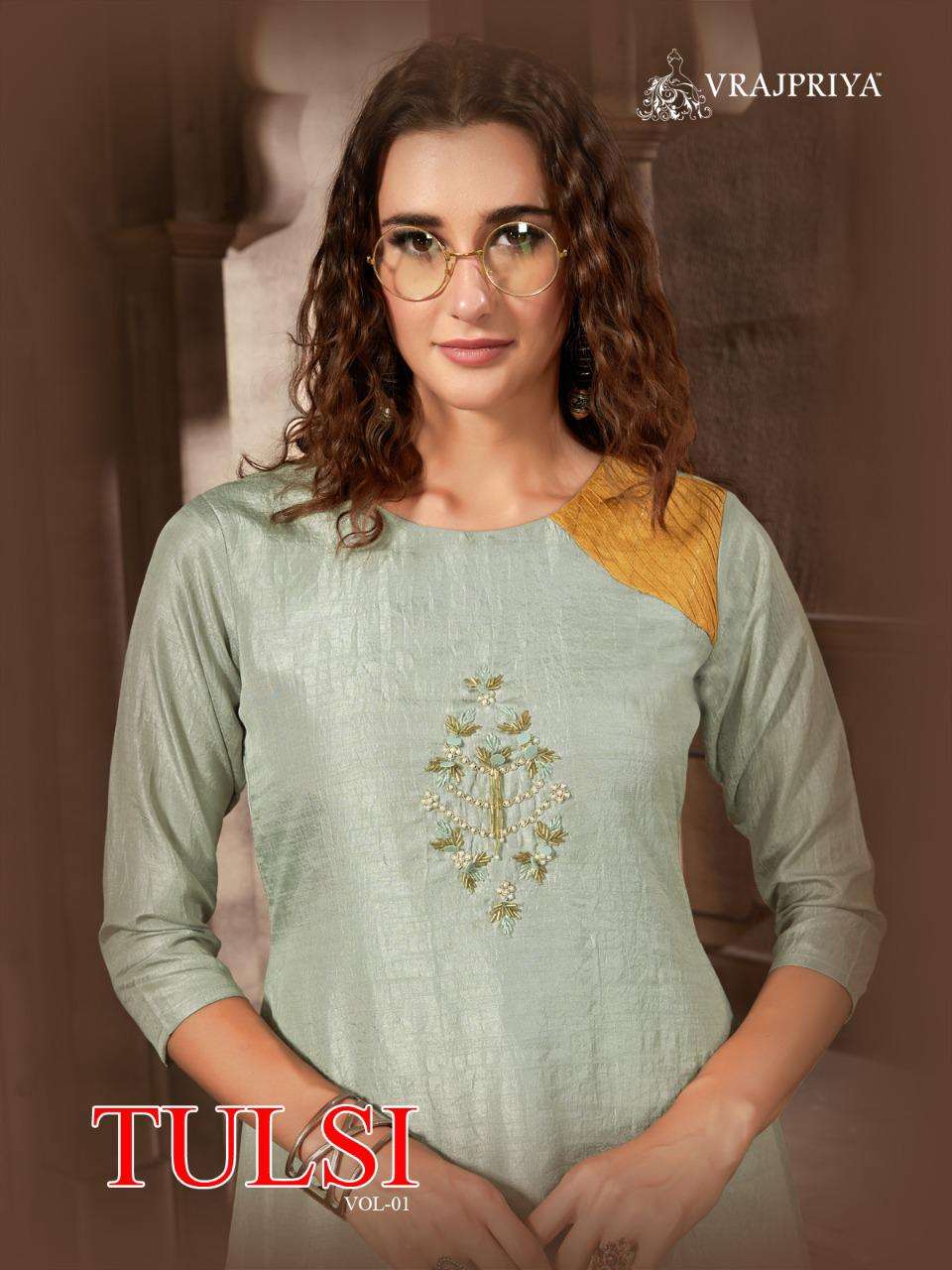 TULSI VOL-1 BY VRAJPRIYA 101 TO 103 SERIES BEAUTIFUL COLORFUL STYLISH FANCY CASUAL WEAR & ETHNIC WEAR & READY TO WEAR DOLA SILK EMBROIDERED KURTIS AT WHOLESALE PRICE