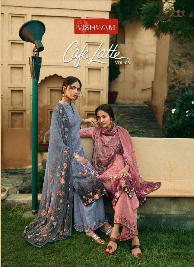 CAFE LATTE VOL-8 BY VISHWAM FABRICS 1075 TO 1078 SERIES BEAUTIFUL SUITS STYLISH FANCY COLORFUL PARTY WEAR & OCCASIONAL WEAR CRAPE DIGITAL PRINTED DRESSES AT WHOLESALE PRICE