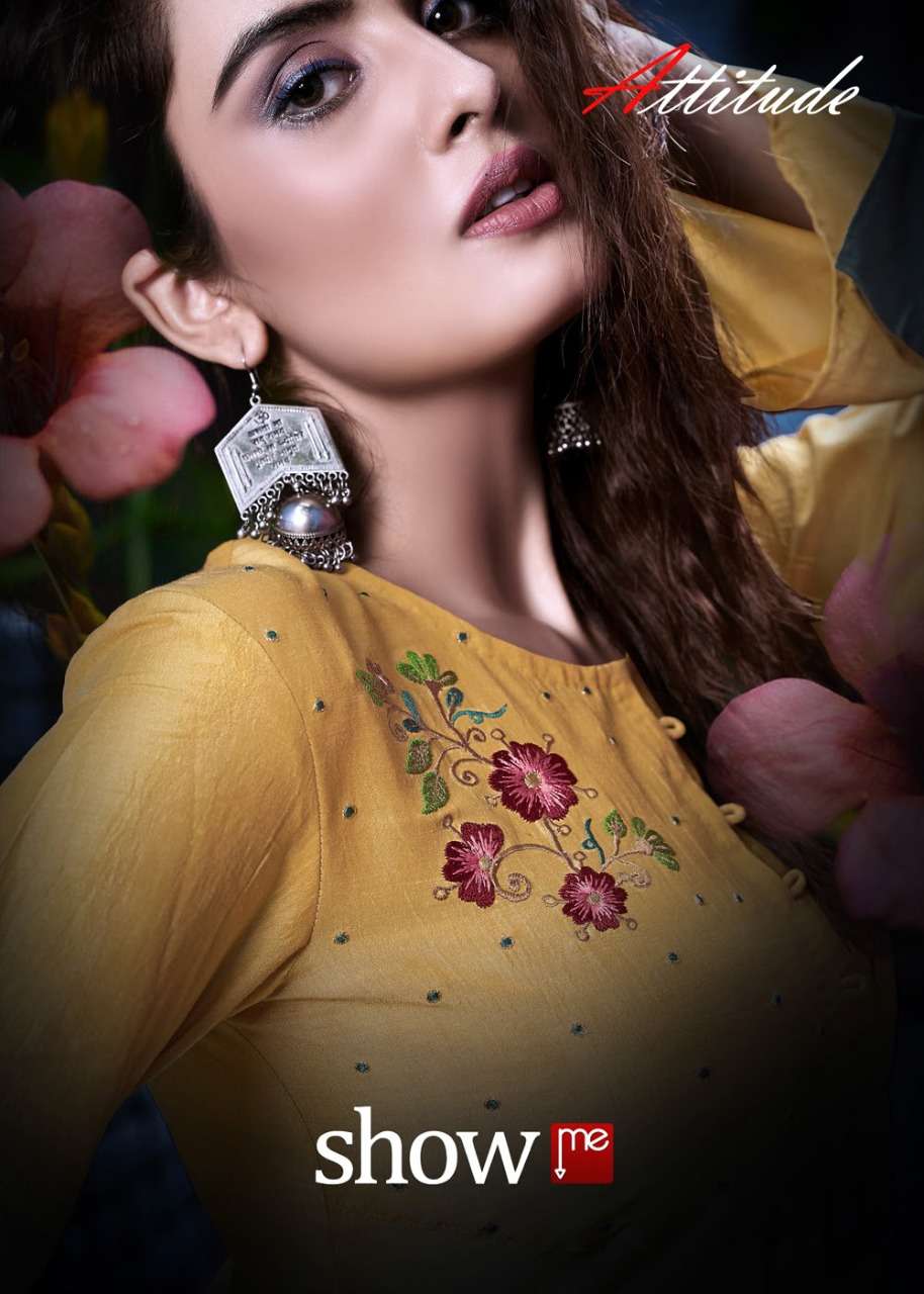 SHOW ME BY ATTITUDE 101 TO 106 SERIES BEAUTIFUL STYLISH COLORFUL FANCY PARTY WEAR & ETHNIC WEAR & READY TO WEAR CHINON SOFT SILK KURTIS AT WHOLESALE PRICE