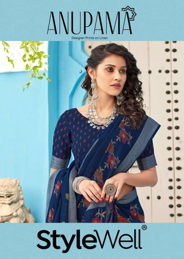 ANUPAMA BY STYLEWELL 601 TO 608 SERIES INDIAN TRADITIONAL WEAR COLLECTION BEAUTIFUL STYLISH FANCY COLORFUL PARTY WEAR & OCCASIONAL WEAR LINEN COTTON SAREES AT WHOLESALE PRICE