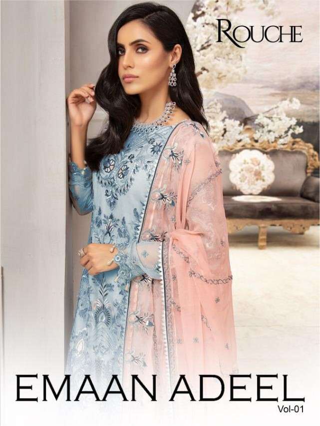 EMAAN ADEEL VOL-1 BY ROUCHE 1001 TO 1004 SERIES DESIGNER PAKISTANI SUITS BEAUTIFUL STYLISH FANCY COLORFUL PARTY WEAR & OCCASIONAL WEAR HEAVY FAUX GEORGETTE EMBROIDERY DRESSES AT WHOLESALE PRICE