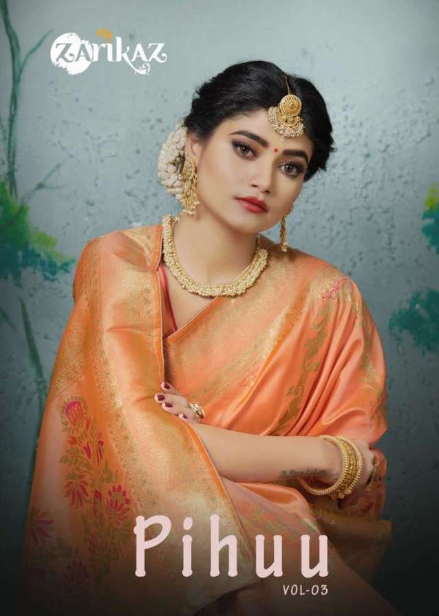PIHUU VOL-3 BY ZARIKAZ 3001 TO 3006 SERIES INDIAN TRADITIONAL WEAR COLLECTION BEAUTIFUL STYLISH FANCY COLORFUL PARTY WEAR & OCCASIONAL WEAR BANARASI SILK WEAVING SAREES AT WHOLESALE PRICE