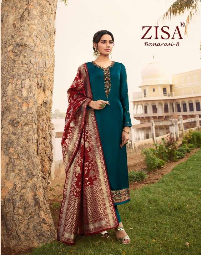 ZISA BANARAS VOL-8 BY MEERA TRENDZ 11721 TO 11725 SERIES BEAUTIFUL STYLISH DESIGNER PRINTED AND EMBROIDERED PARTY WEAR OCCASIONAL WEAR SATIN GEORGETTE DRESSES AT WHOLESALE PRICE