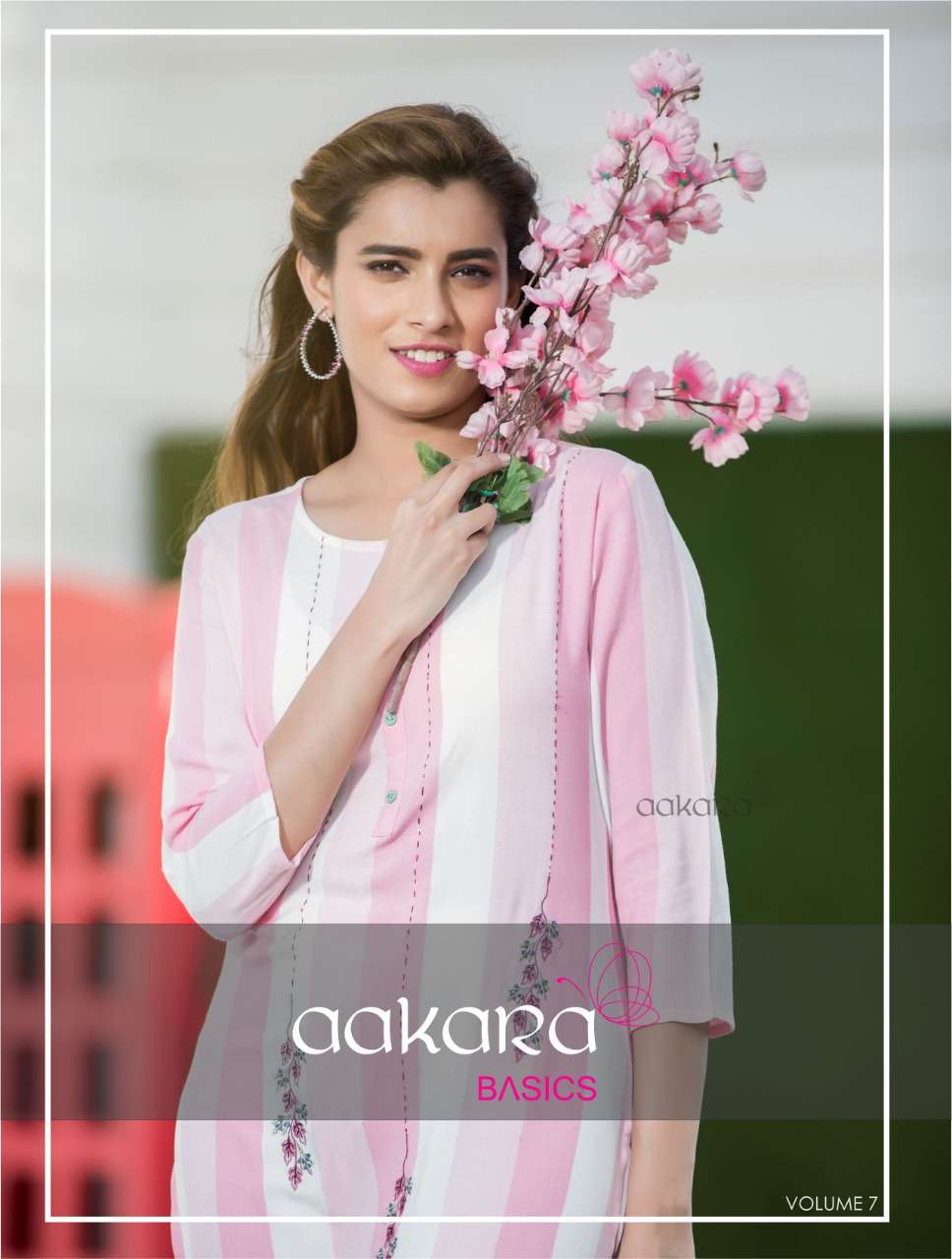 AAKARA BASICS BY AAKARA 7001 TO 7008 SERIES STYLISH FANCY BEAUTIFUL COLORFUL CASUAL WEAR & ETHNIC WEAR RAYON PRINTED KURTIS AT WHOLESALE PRICE
