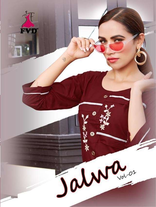 JALWA BY FVD 101 TO 108 SERIES BEAUTIFUL STYLISH FANCY COLORFUL CASUAL WEAR & ETHNIC WEAR RAYON WITH EMBROIDERED KURTIS WITH BOTTOM AT WHOLESALE PRICE