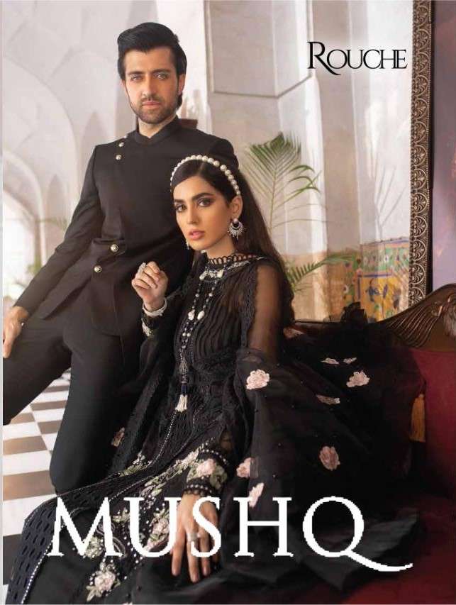 MUSHQ BY ROUCHE 001 TO 004 SERIES BEAUTIFUL STYLISH PAKISATNI SUITS FANCY COLORFUL CASUAL WEAR & ETHNIC WEAR & READY TO WEAR HEAVY FAUX GEORGETTE WITH EMBROIDERY DRESSES AT WHOLESALE PRICE