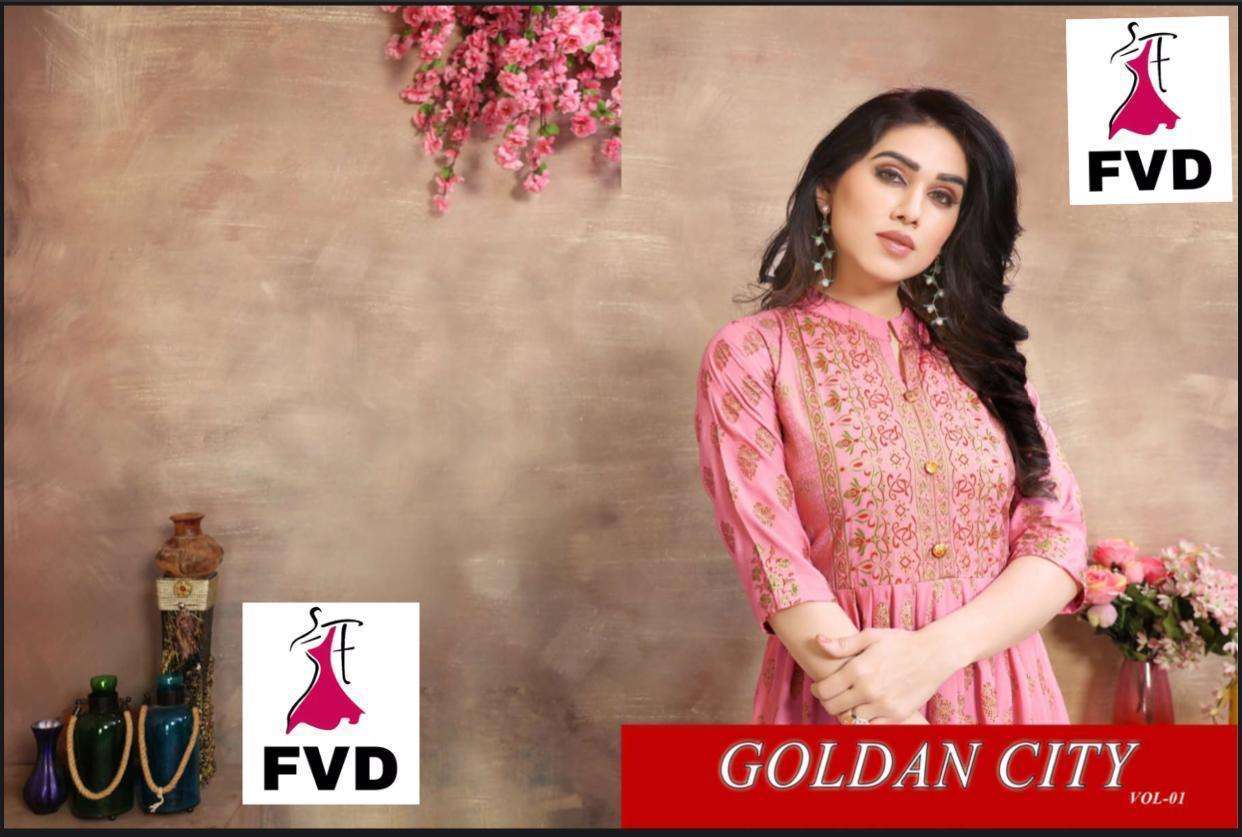 GOLDAN CITY VOL-1 BY FVD 1001 TO 1006 SERIES BEAUTIFUL COLORFUL STYLISH FANCY CASUAL WEAR & ETHNIC WEAR & READY TO WEAR RAYON 14 KG GOWNS AT WHOLESALE PRICE