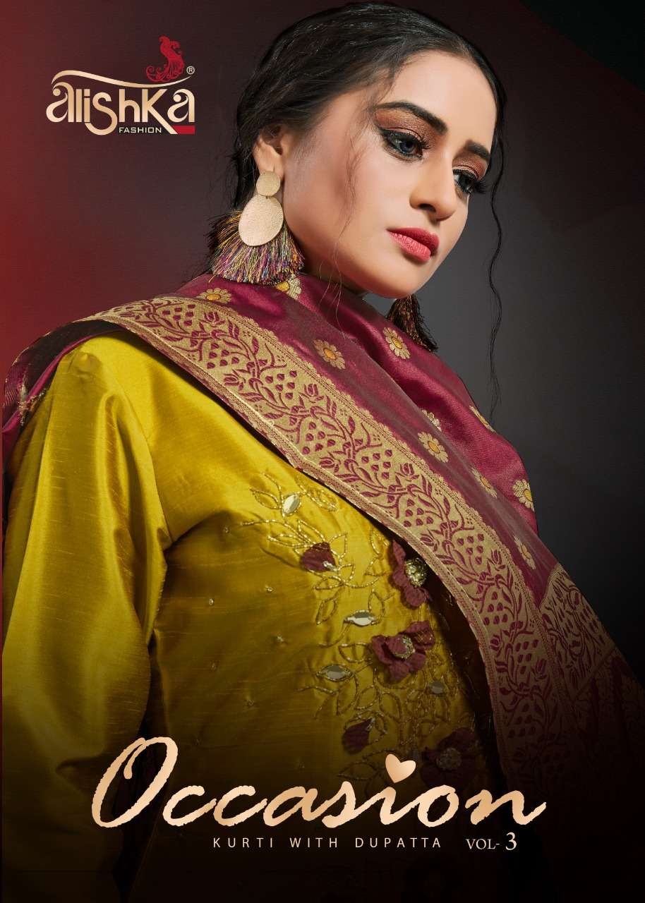 OCCASION VOL-3 BY ALISHKA FASHION 3001 TO 3006 SERIES DESIGNER BEAUTIFUL STYLISH FANCY COLORFUL PARTY WEAR & OCCASIONAL WEAR SILK PRINTED KURTIS WITH DUPATTA  AT WHOLESALE PRICE