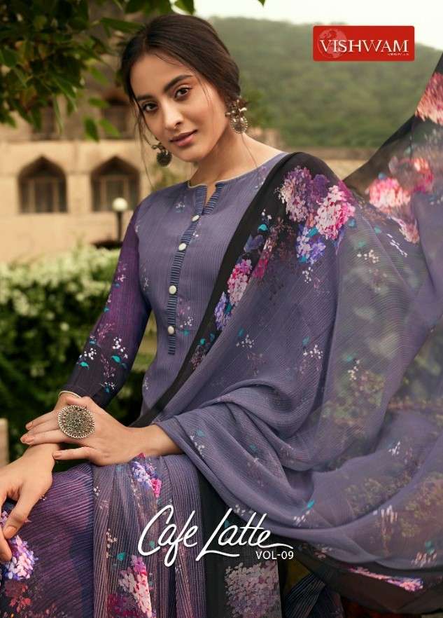 CAFE LATTE VOL-9 BY VISHWAM FABRICS 1079 TO 1087 SERIES BEAUTIFUL SUITS STYLISH FANCY COLORFUL PARTY WEAR & OCCASIONAL WEAR CRAPE DIGITAL PRINTED DRESSES AT WHOLESALE PRICE