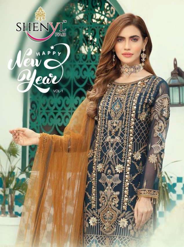 HAPPY NEW YEAR BY SHENYL FAB DESIGNER BEAUTIFUL SUITS COLORFUL STYLISH FANCY CASUAL WEAR & ETHNIC WEAR PURE BUTTERFLY NET WITH EMBROIDERED DRESSES AT WHOLESALE PRICE