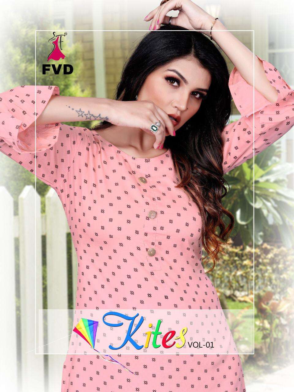 KITES VOL-1 BY FVD 155 TO 159 SERIES BEAUTIFUL COLORFUL STYLISH FANCY CASUAL WEAR & ETHNIC WEAR & READY TO WEAR PURE RAYON PRINTED KURTIS WITH BOTTOM AT WHOLESALE PRICE