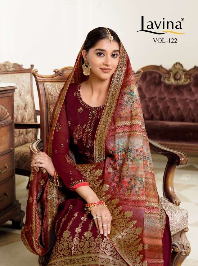 LAVINA VOL-122 BY LAVINA 122001 TO 122006 SERIES DESIGNER COLLECTION SHARARA SUITS BEAUTIFUL STYLISH FANCY COLORFUL PARTY WEAR & OCCASIONAL WEAR PURE DOLA SILK WITH EMBROIDERED DRESSES AT WHOLESALE PRICE