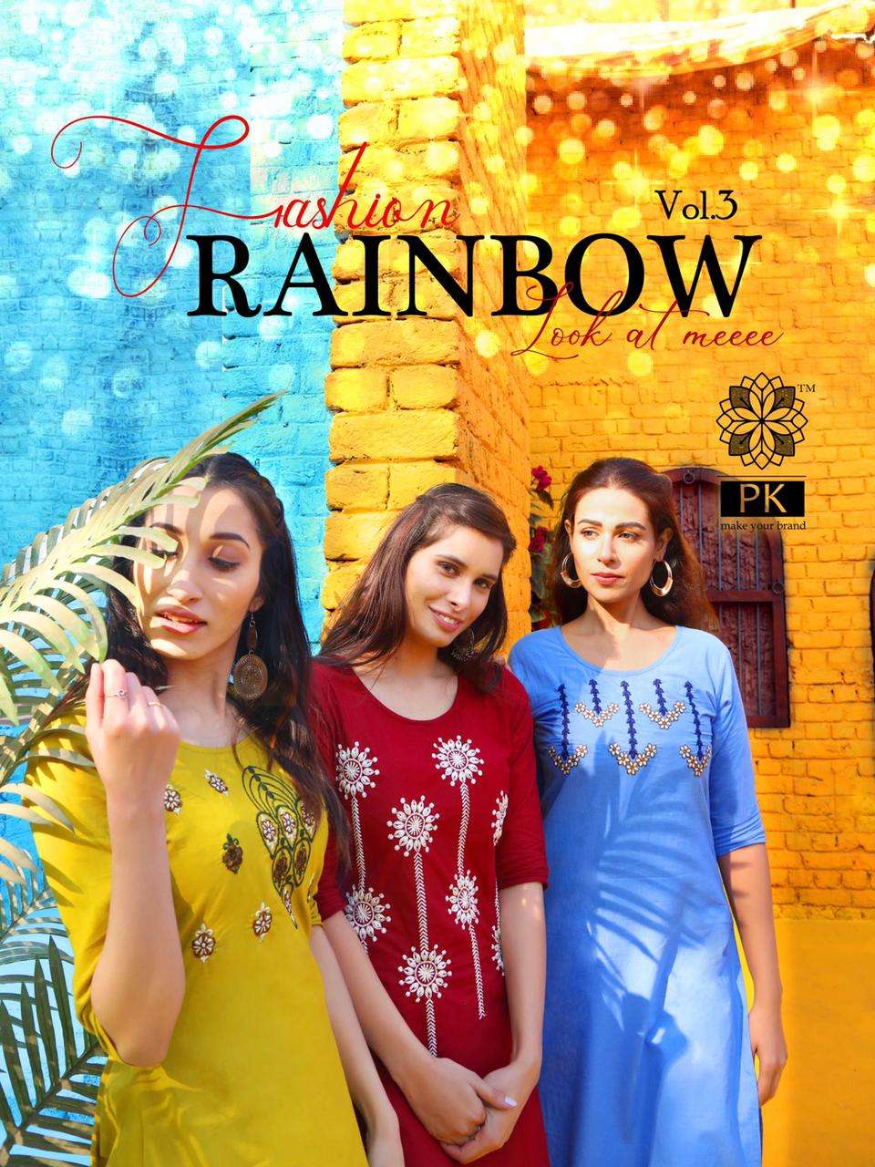 FASHION RAINBOW VOL-3 BY PK 3001 TO 3021 SERIES BEAUTIFUL STYLISH FANCY COLORFUL CASUAL WEAR & ETHNIC WEAR COTTON EMBROIDERED KURTIS AT WHOLESALE PRICE