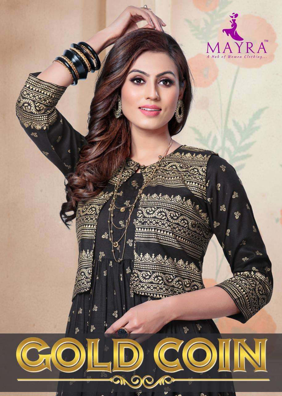 GOLD COIN BY MAYRA 96001 TO 96008 SERIES BEAUTIFUL STYLISH FANCY COLORFUL CASUAL WEAR & ETHNIC WEAR & READY TO WEAR RAYON GOLD PRINT KURTIS AT WHOLESALE PRICE