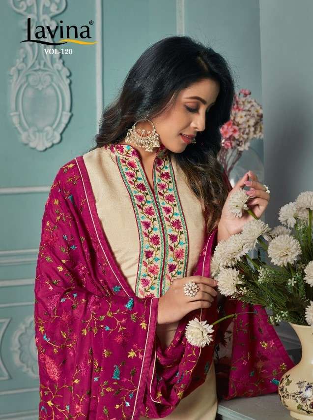 LAVINA VOL-120 BY LAVINA 120-001 TO 120-004 SERIES BEAUTIFUL PAKISTANI SUITS COLORFUL STYLISH FANCY CASUAL WEAR & ETHNIC WEAR TUSSAR SILK EMBROIDERED DRESSES AT WHOLESALE PRICE