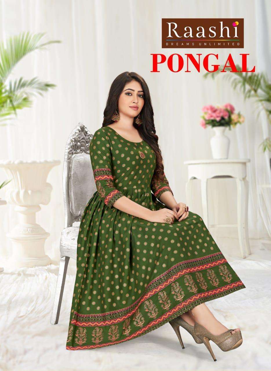 PONGAL BY RAASHI 6501 TO 6508 SERIES BEAUTIFUL STYLISH FANCY COLORFUL CASUAL WEAR & ETHNIC WEAR & READY TO WEAR RAYON GOLD PRINT KURTIS AT WHOLESALE PRICE