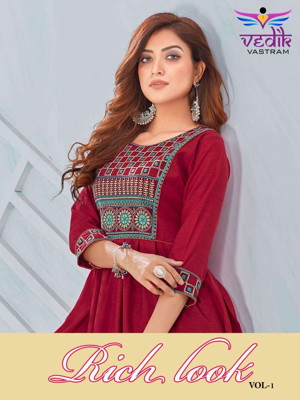 RICH LOOK VOL-1 BY VEDIK VASTRAM 101 TO 106 SERIES DESIGNER STYLISH FANCY COLORFUL BEAUTIFUL PARTY WEAR & ETHNIC WEAR COLLECTION RAYON EMBROIDERY KURTIS WITH BOTTOM AT WHOLESALE PRICE