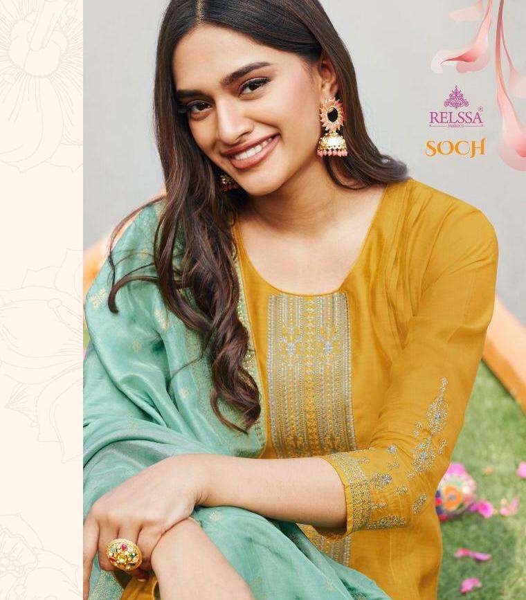 SOCH BY RELSSA FABRICS 67001 TO 67006 SERIES BEAUTIFUL SUITS COLORFUL STYLISH FANCY CASUAL WEAR & ETHNIC WEAR PURE MUSLIN SILK DRESSES AT WHOLESALE PRICE