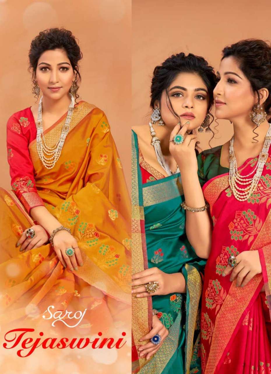 TEJASWINI BY SAROJ 177001 TO 177008 SERIES INDIAN TRADITIONAL WEAR COLLECTION BEAUTIFUL STYLISH FANCY COLORFUL PARTY WEAR & OCCASIONAL WEAR LICHI SILK SAREES AT WHOLESALE PRICE