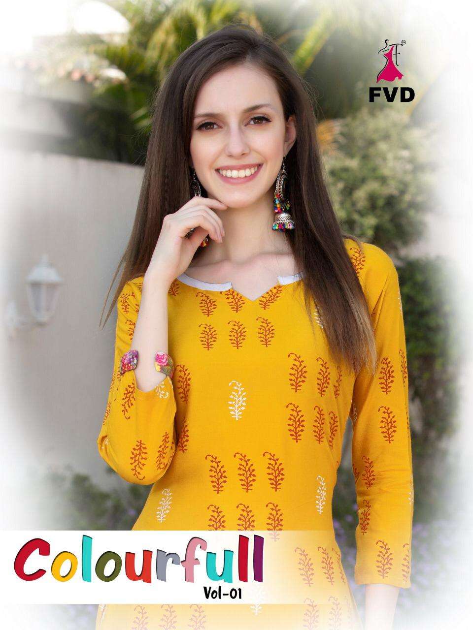 COLOURFULL VOL-1 BY FVD 212 TO 218 SERIES DESIGNER STYLISH FANCY COLORFUL BEAUTIFUL PARTY WEAR & ETHNIC WEAR COLLECTION RAYON FOIL PRINT KURTIS WITH BOTTOM AT WHOLESALE PRICE