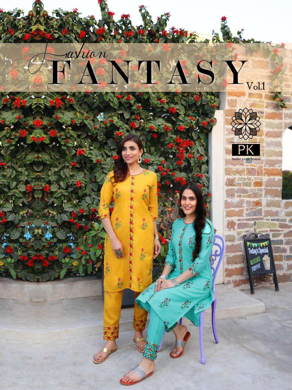 FASHION FANTASY VOL-1 BY PK 1001 TO 1005 SERIES BEAUTIFUL STYLISH FANCY COLORFUL CASUAL WEAR & ETHNIC WEAR HEAVY COTTON PRINT WITH WORK KURTIS WITH BOTTOM AT WHOLESALE PRICE