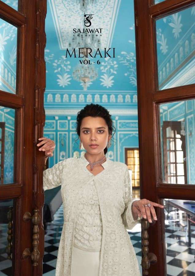 MERAKI VOL-6 BY SAJAWAT CREATION 991 TO 995 SERIES DESIGNER ANARKALI SUITS COLLECTION BEAUTIFUL STYLISH FANCY COLORFUL PARTY WEAR & OCCASIONAL WEAR HEAVY FAUX GEORGETTE DRESSES AT WHOLESALE PRICE