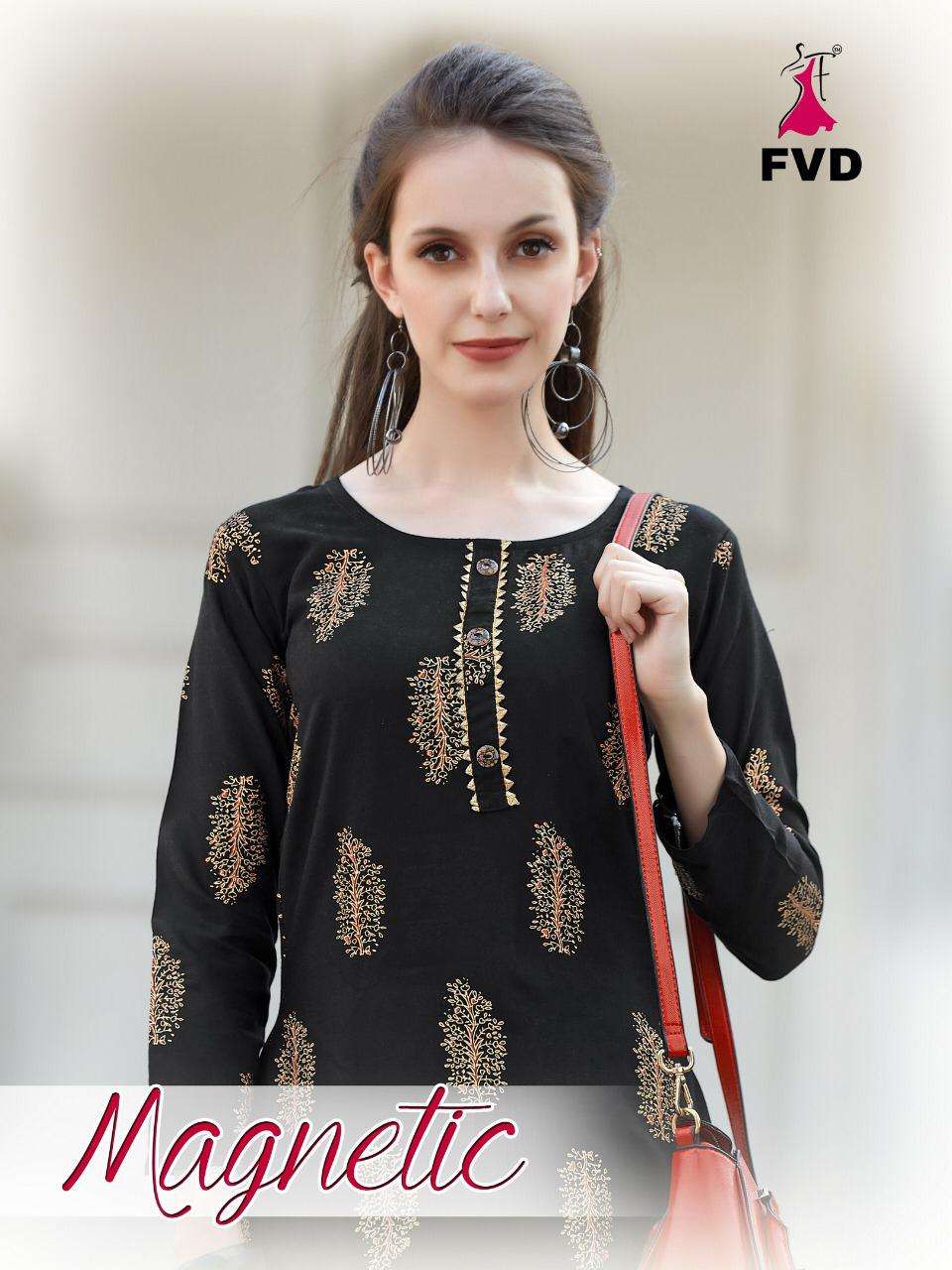MAGNETIC BY FVD 185 TO 190 SERIES DESIGNER STYLISH FANCY COLORFUL BEAUTIFUL PARTY WEAR & ETHNIC WEAR COLLECTION RAYON FOIL PRINT KURTIS WITH BOTTOM AT WHOLESALE PRICE