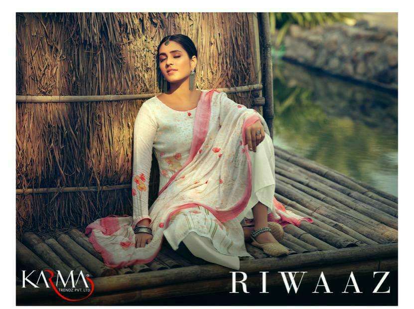 RIWAAZ BY KARMA TRENDZ 873 TO 878 SERIES BEAUTIFUL SUITS COLORFUL STYLISH FANCY CASUAL WEAR & ETHNIC WEAR MUSLIN DIGITAL PRINT WITH EMBROIDERY WORK DRESSES AT WHOLESALE PRICE