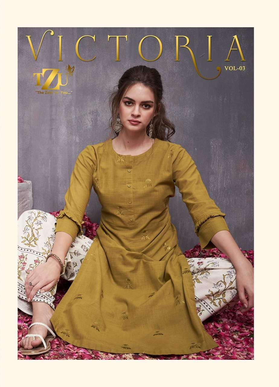 VICTORIA VOL-3 BY TZU 1001 TO 1004 SERIES STYLISH FANCY COLORFUL COLLECTION CASUAL WEAR & ETHNIC WEAR COTTON SLUB EMBROIDERED KURTIS WITH BOTTOM AT WHOLESALE PRICE