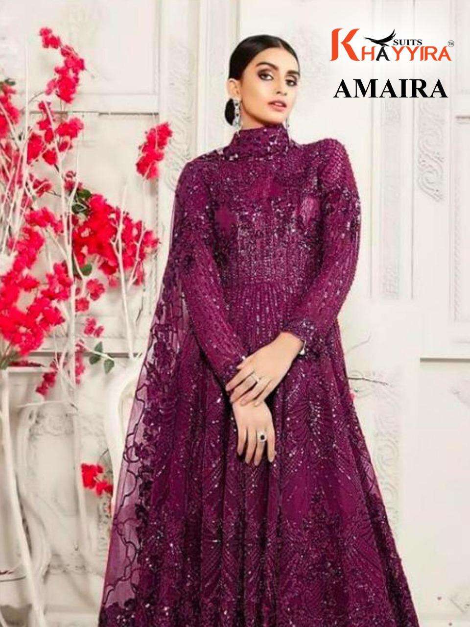 AMAIRA BY KHAYYIRA 2000-A TO 2000-D SERIES DESIGNER PAKISTANI SUITS COLLECTION BEAUTIFUL STYLISH FANCY COLORFUL PARTY WEAR & OCCASIONAL WEAR HEAVY BUTTERFLY NET EMBROIDERED DRESSES AT WHOLESALE PRICE