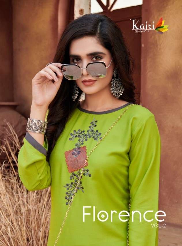 FLORENCE VOL-2 BY KAJRI STYLE 1001 TO 1006 SERIES DESIGNER STYLISH FANCY COLORFUL BEAUTIFUL PARTY WEAR & ETHNIC WEAR COLLECTION HEAVY RAYON EMBROIDERY KURTIS AT WHOLESALE PRICE