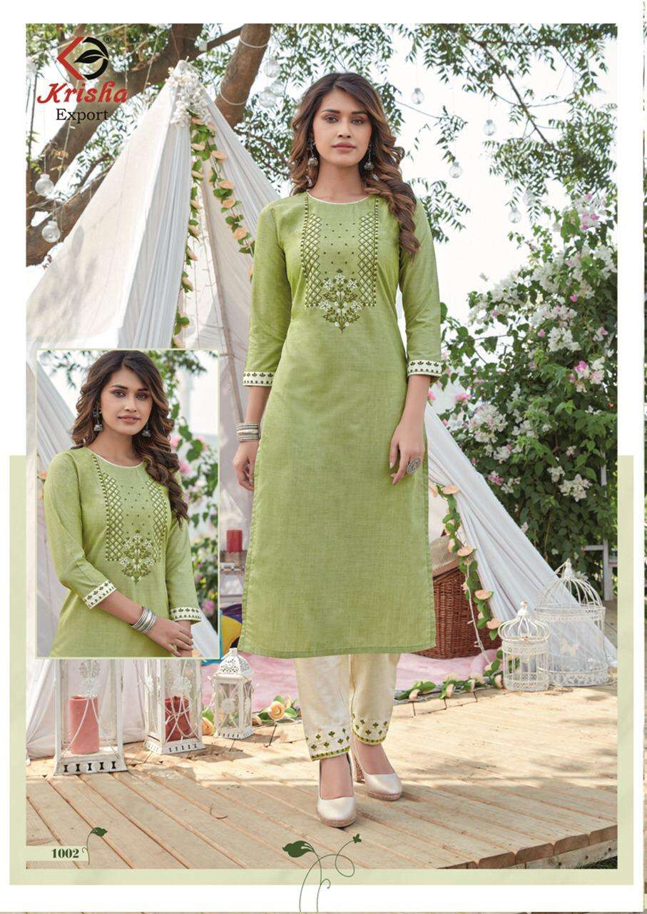 LYRA BY KRISHA EXPORTS 1001 TO 1004 SERIES STYLISH FANCY BEAUTIFUL COLORFUL CASUAL WEAR & ETHNIC WEAR COTTON EMBROIDERED KURTIS WITH BOTTOM AT WHOLESALE PRICE