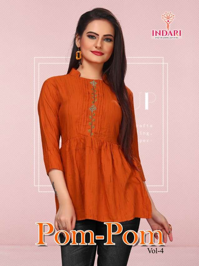 POM POM VOL-4 BY INDARI 4001 TO 4005 SERIES DESIGNER STYLISH FANCY COLORFUL BEAUTIFUL PARTY WEAR & ETHNIC WEAR COLLECTION RAYON HANDWORK TOPS AT WHOLESALE PRICE