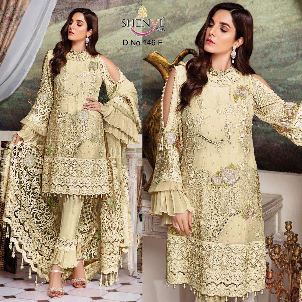 SHENYL 146 COLOURS BY SHENYL FABS 146-E TO 146-H DESIGNER PAKISTANI SUITS BEAUTIFUL STYLISH FANCY COLORFUL PARTY WEAR & OCCASIONAL WEAR FAUX GEORGETTE EMBROIDERY DRESSES AT WHOLESALE PRICE