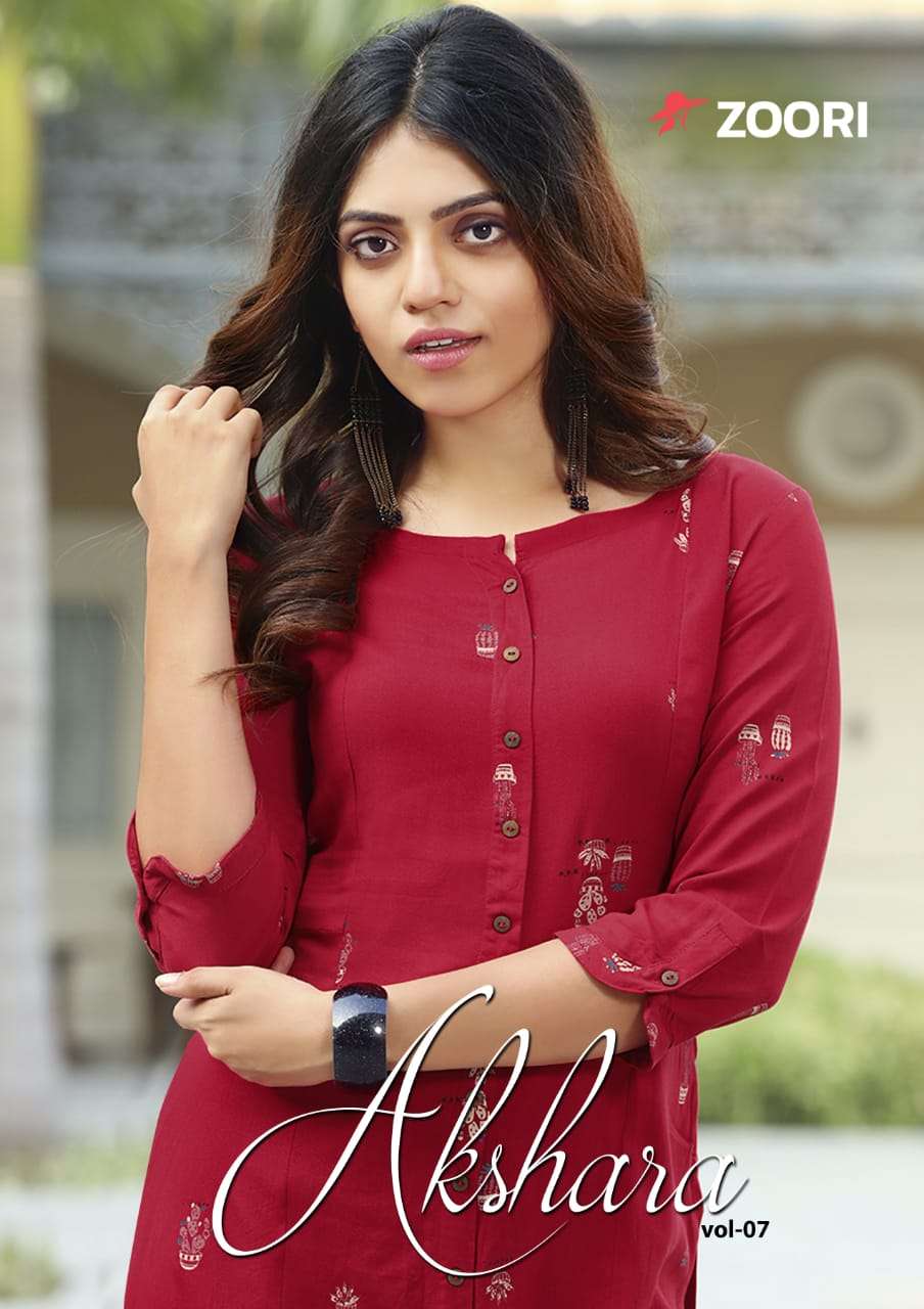 AKSHARA VOL-7 BY ZOORI 1052 TO 1059 SERIES DESIGNER STYLISH FANCY COLORFUL BEAUTIFUL PARTY WEAR & ETHNIC WEAR COLLECTION RAYON PRINT KURTIS AT WHOLESALE PRICE